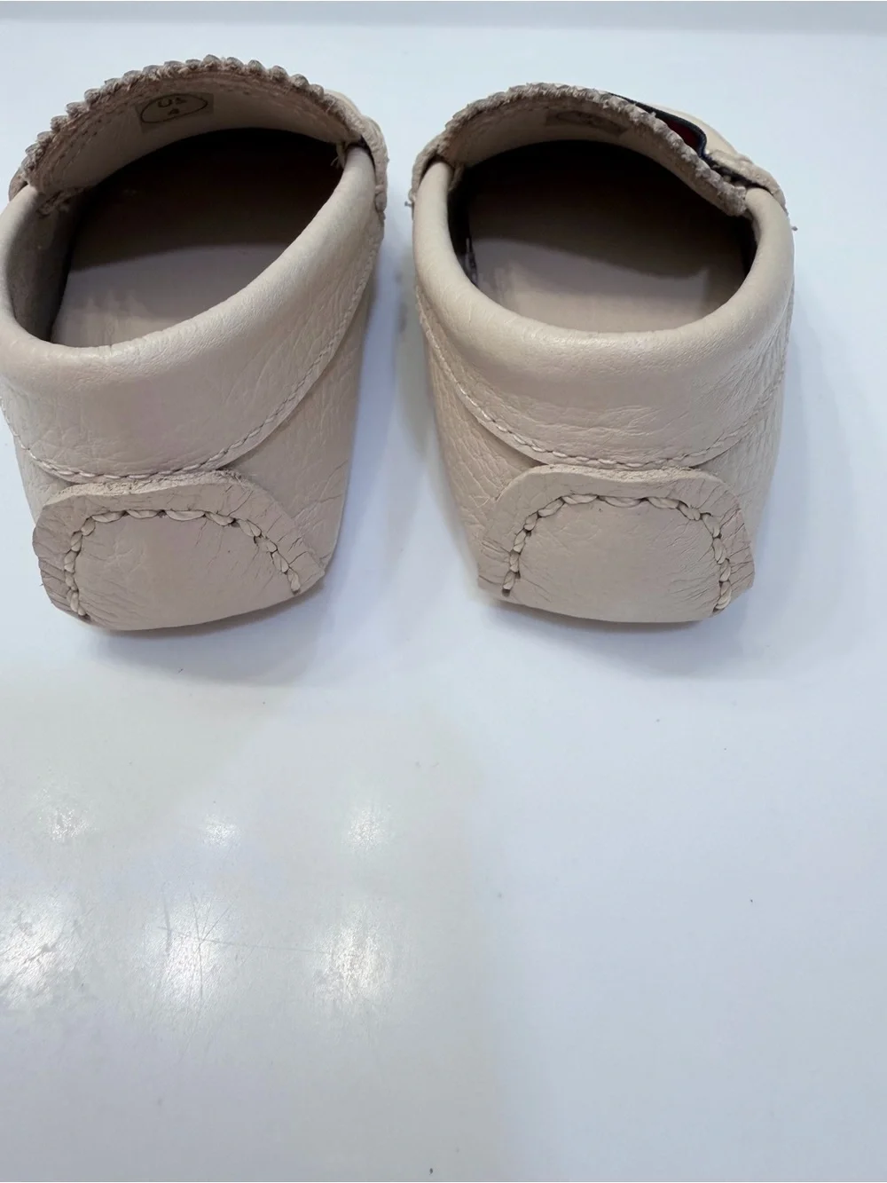 Elephantito Cream Moccasins with Navy & Red Stripe